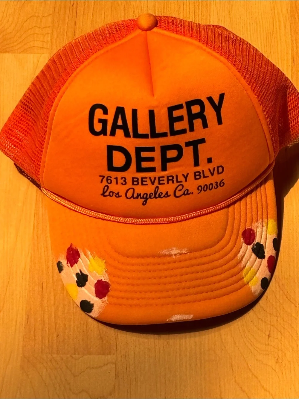 Gallery Dept Orange Mesh Trucker Hat with Multicolor Paint Splatters